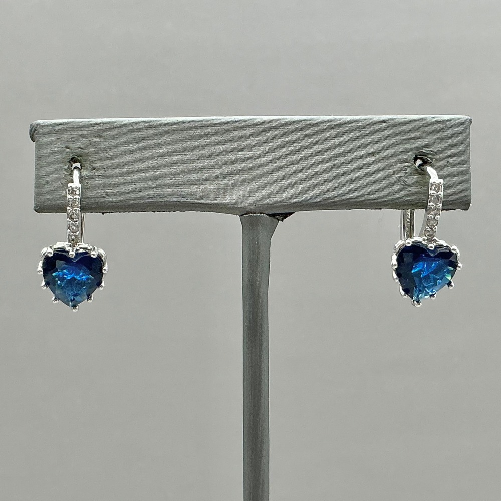 Heart Huggie Hoop Earrings Women Blue Silver Tone Cubic Zirconia Dangle Jewelry